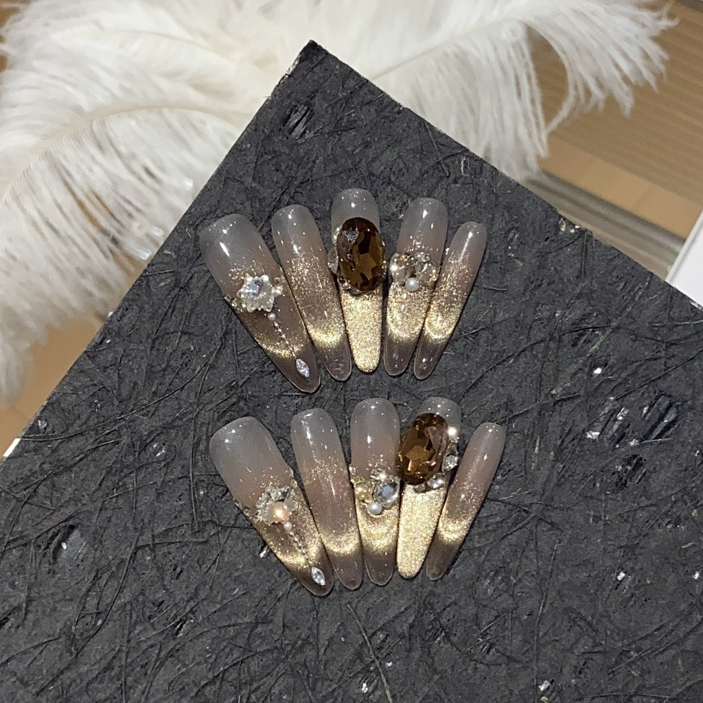 Cat eye Long Thin nails with Rhinestone,Pachinko,Pearl,Coffee color,NK