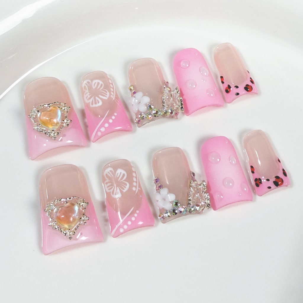 Pink Duck nails with Rhinestone,Butterfly & Heart & Flower Charms,Gradient & French Style,RJ