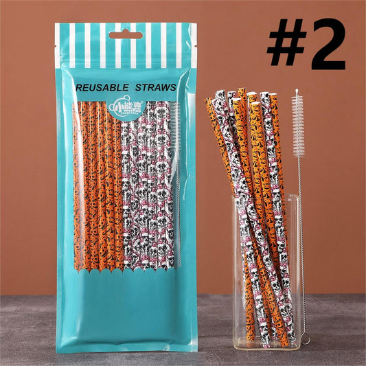 Cartoon Halloween Printed Reusable Straw, Random Mix,1 bag 12pcs with Straw Brush