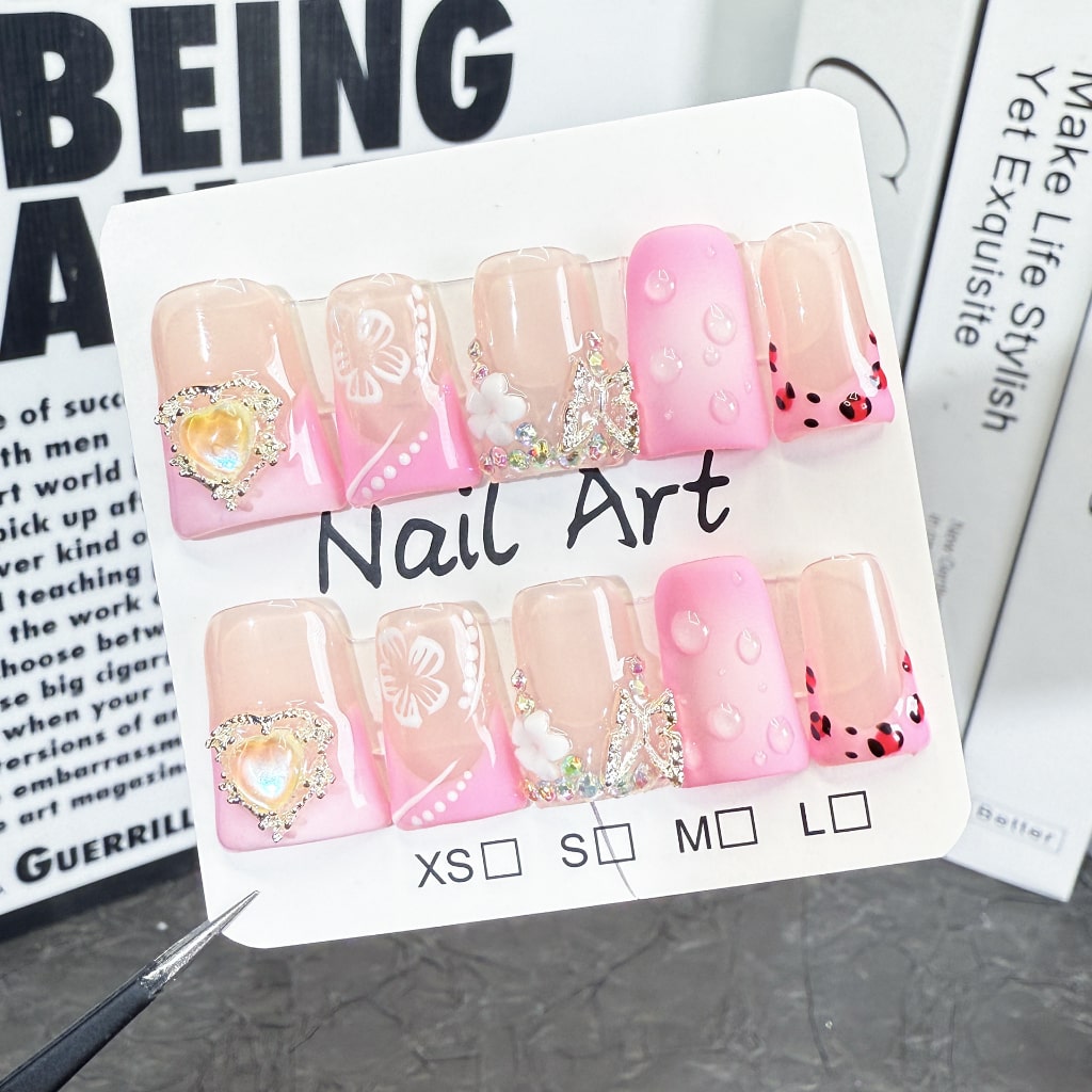 Pink Duck nails with Rhinestone,Butterfly & Heart & Flower Charms,Gradient & French Style,RJ