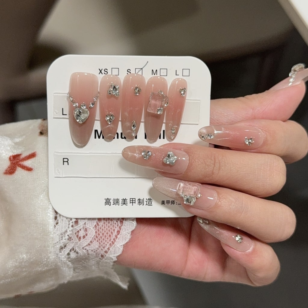 Pink Cat Eye Long-Thin nails with Rhinestone,Water Ripple Design,French Style ,YZG