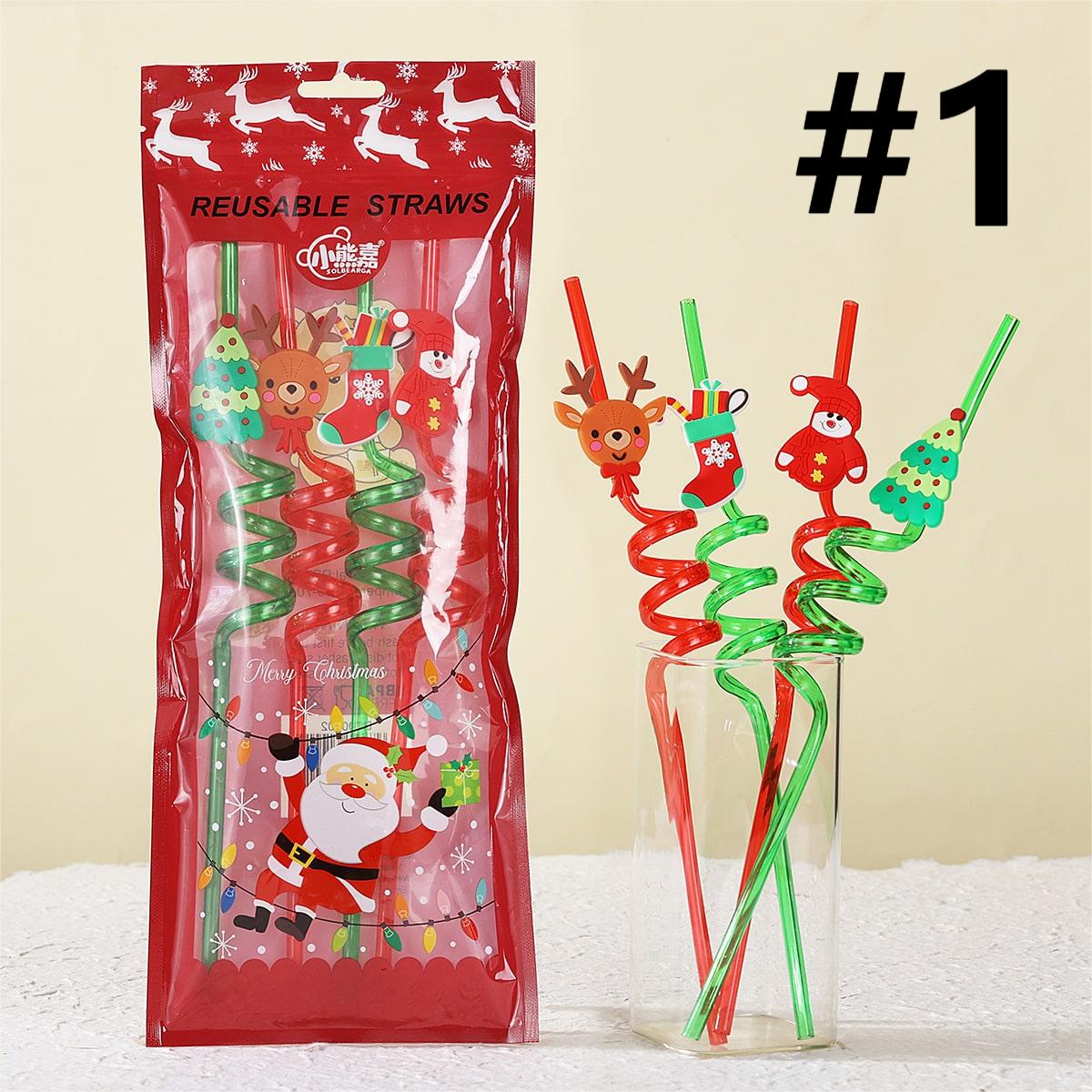 Cartoon Christmas Reusable Spiral Straw, Random Mix,1 bag 4pcs