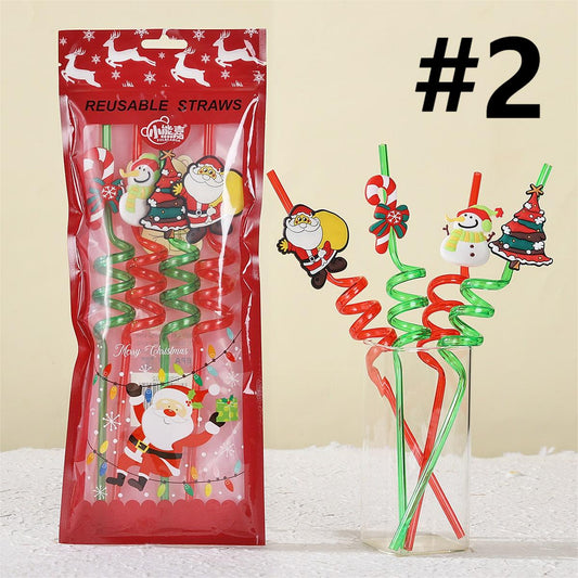 Cartoon Christmas Reusable Spiral Straw, Random Mix,1 bag 4pcs