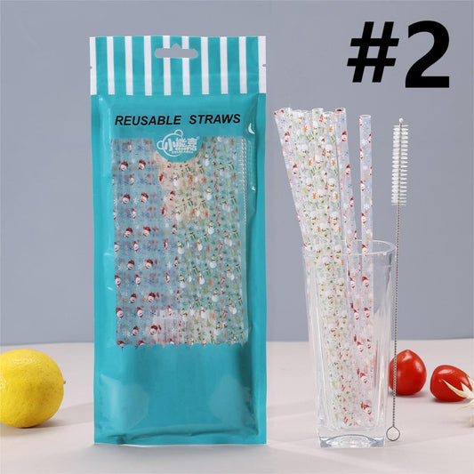 Cartoon Christmas Printed Reusable Straw, Random Mix,1 bag 12pcs with Straw Brush