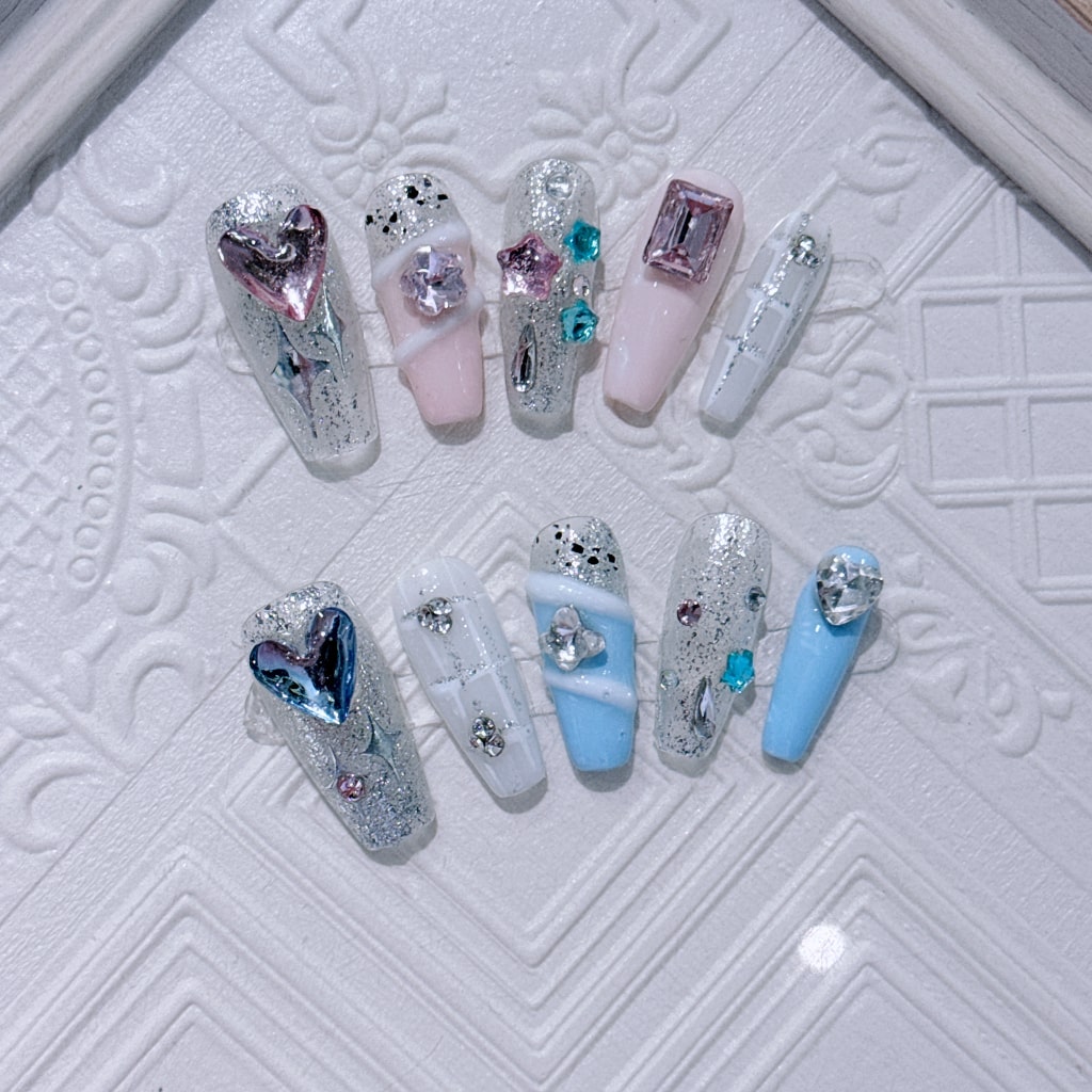 Sweet girl nails with Heart Rhinestone ,Colorful Rhinestone,Silver Shiny Glitter,NK