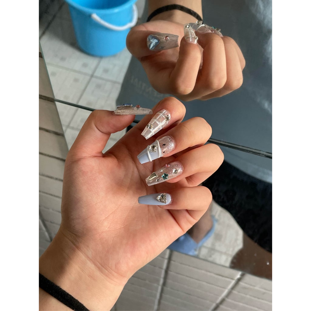 Sweet girl nails with Heart Rhinestone ,Colorful Rhinestone,Silver Shiny Glitter,NK
