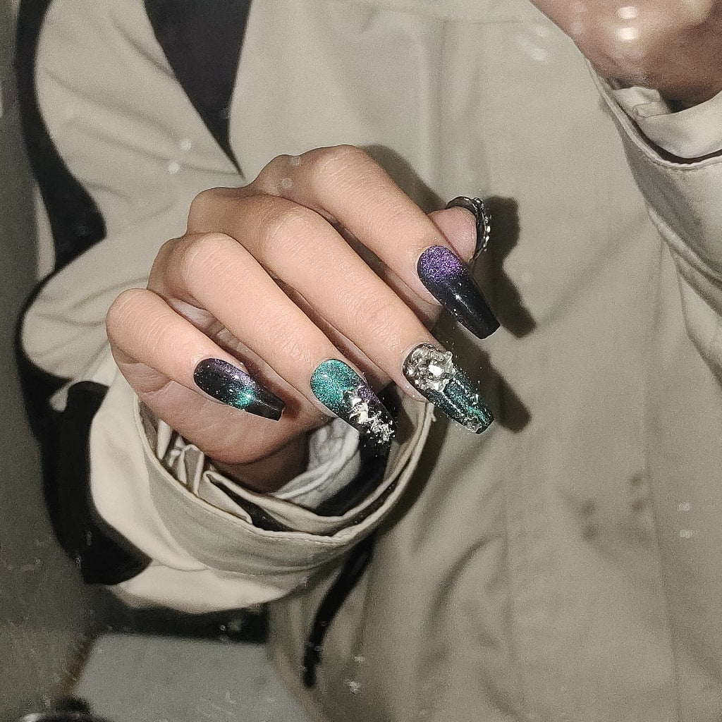Black-Purple Colored Long-Square Shiny nails with Star & Heart & Little Rhinestone,Gold Foil,Gradient Design ,YZG