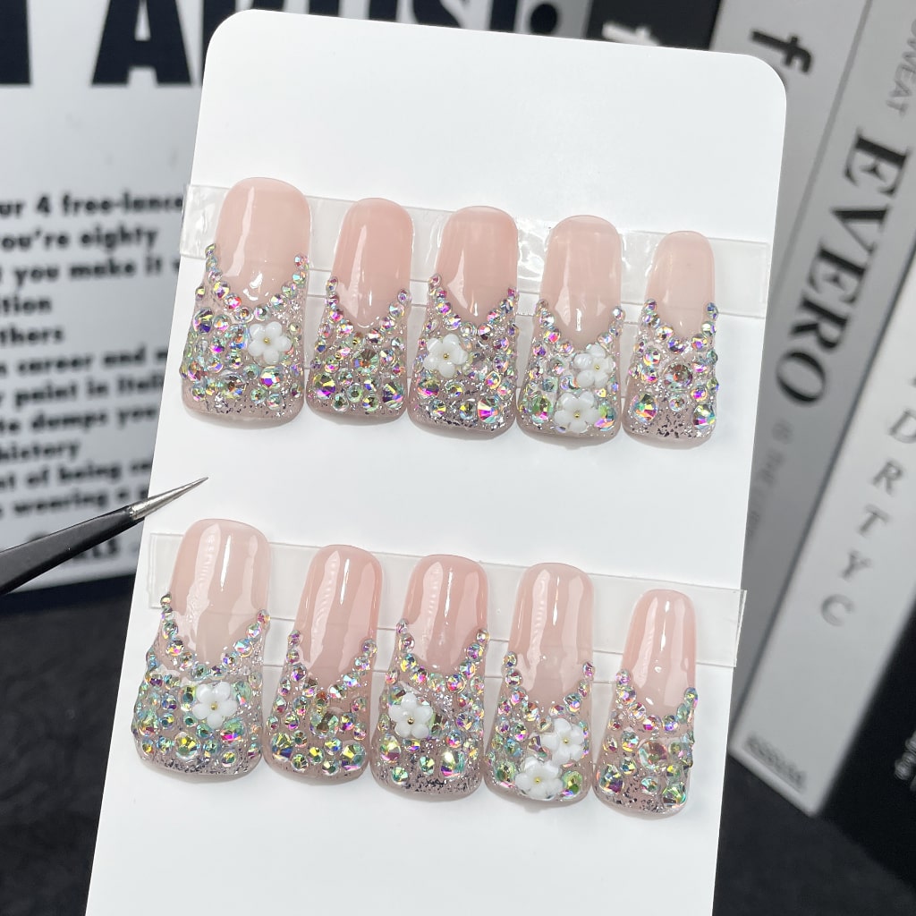 Pink Long Shiny Duck nails with French Style,Rhinestone,Flower Charms,RJ