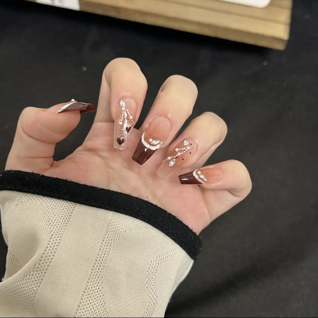 Red Long-Thin Shiny nails with Rhinestone,Pearl,Heart Design,French Style ,YZG