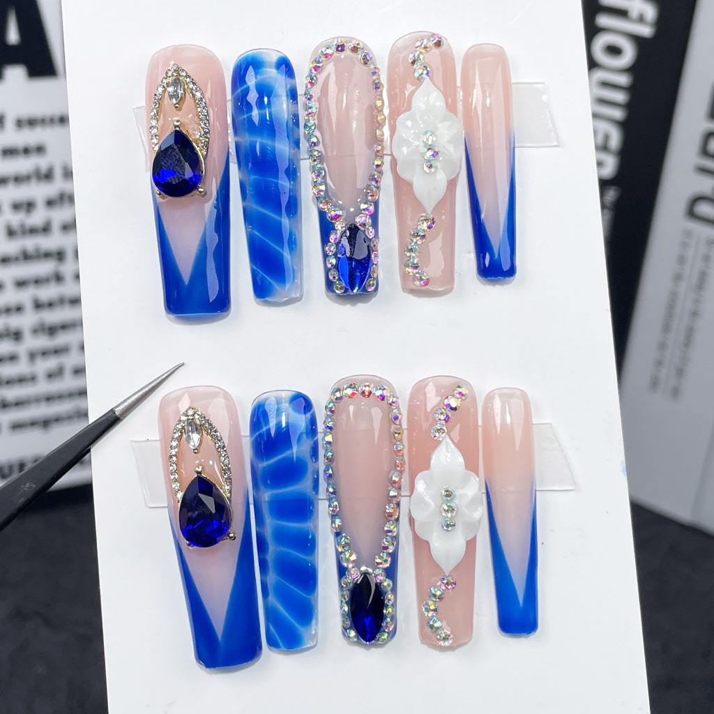 Long Square nails with French Style,Blue Rhinestone,Glitter,3D Flower,RJ