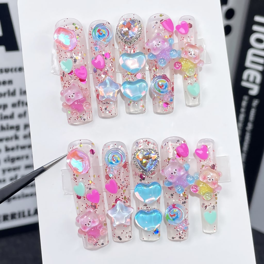 Long Square nails with Cartoon & Heart & Star & Lollipop Charms,Shiny Glitter,RJ