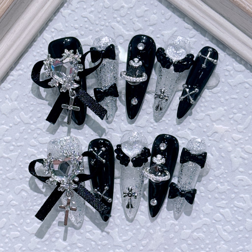 Gorgeous nails with Heart Rhinestone & Bow Accessories,Lace and Cross Charms ,NK