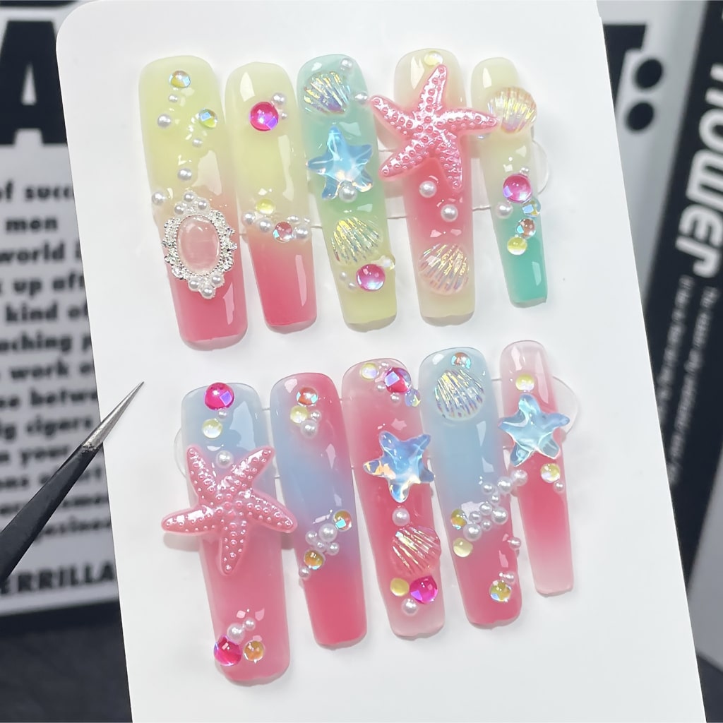 Pink Long Square nails with Glitter,Sea Series Charms,Gradient Design,RJ