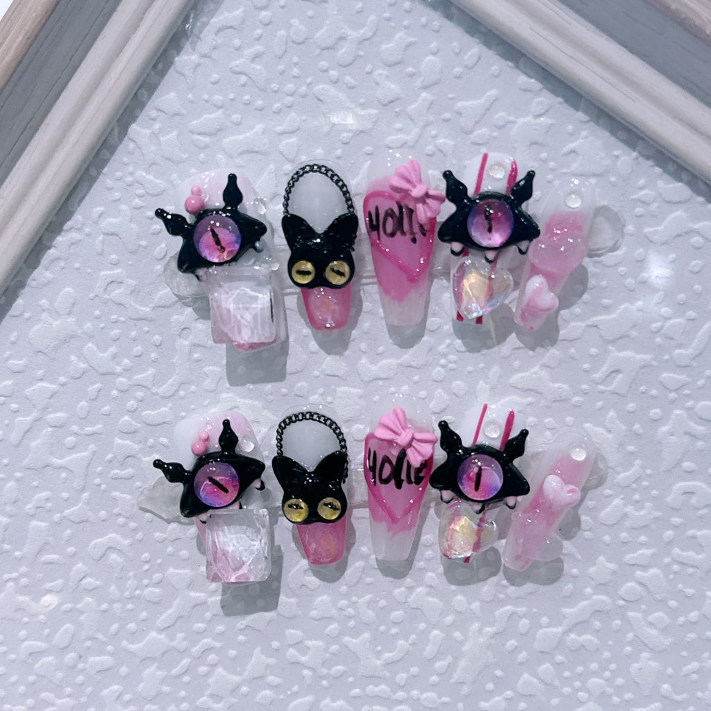 Pink-White one-eyed monster nails with Bowknot,Heart Shaped Design and Chains ,NK