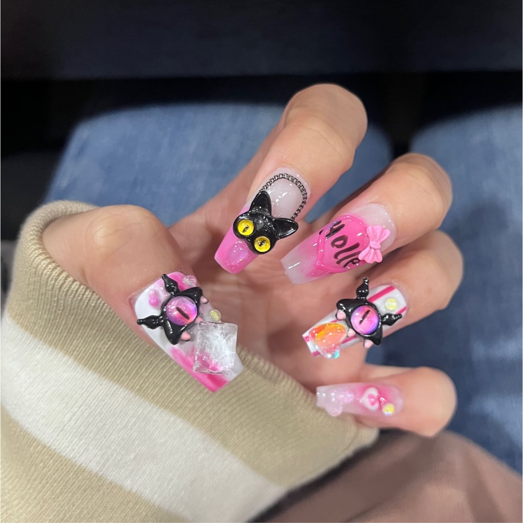 Pink-White one-eyed monster nails with Bowknot,Heart Shaped Design and Chains ,NK