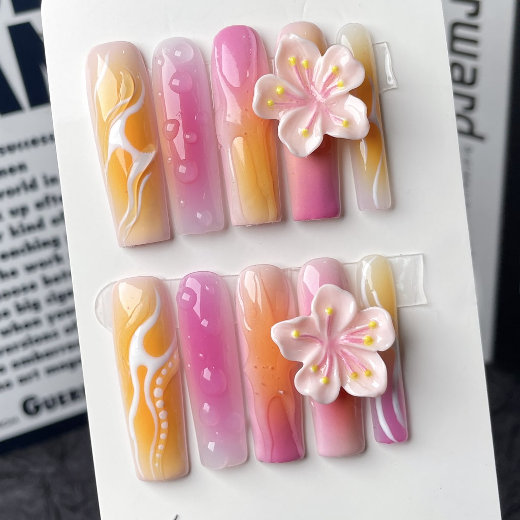 Pink Long Square nails with 3D Flower,Gradient Design,RJ