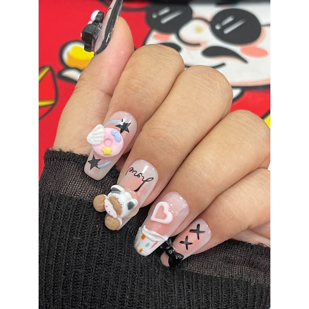 Cute nails with Cartoon & Doughnut Charms,Heart & Star Design,Bow Charm ,NK