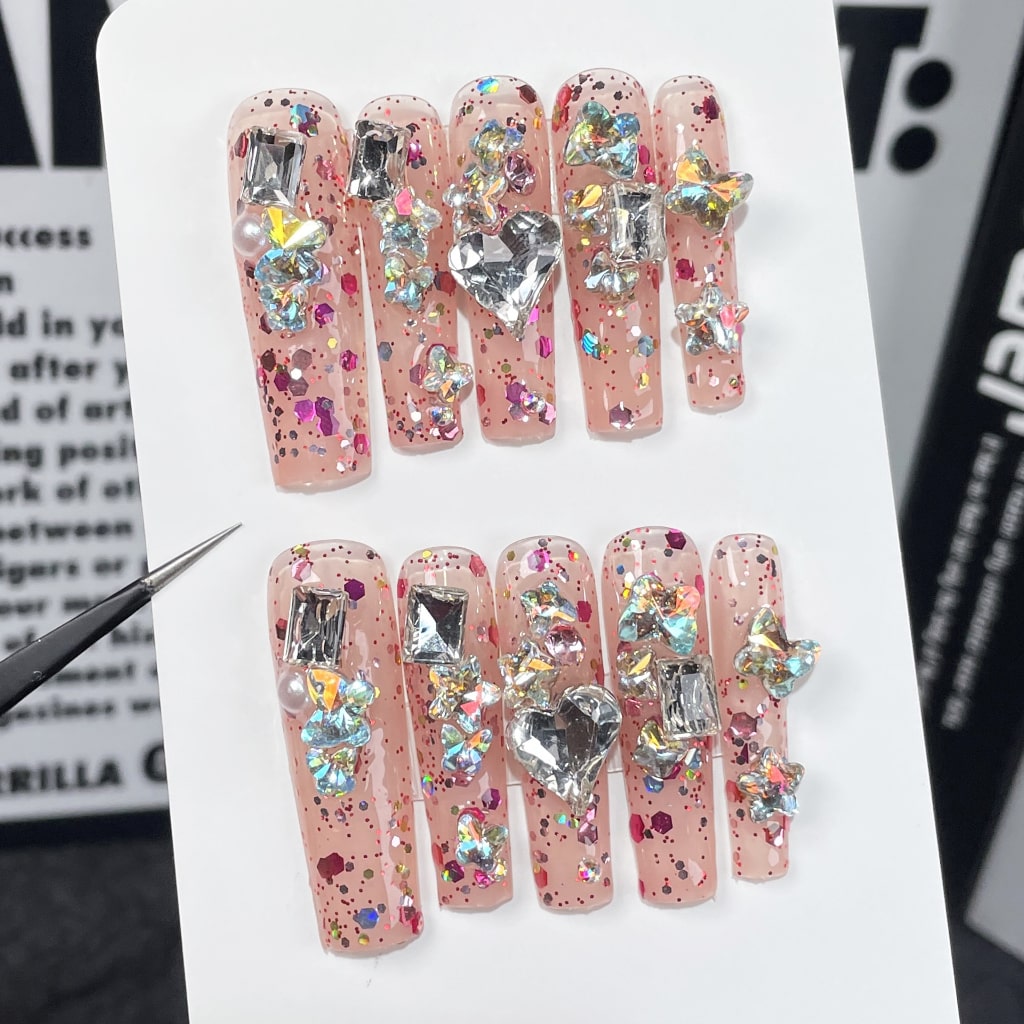 Pink Long Square nails with Heart & Butterfly & Star Rhinestone,Shiny Glitter Inside ,RJ