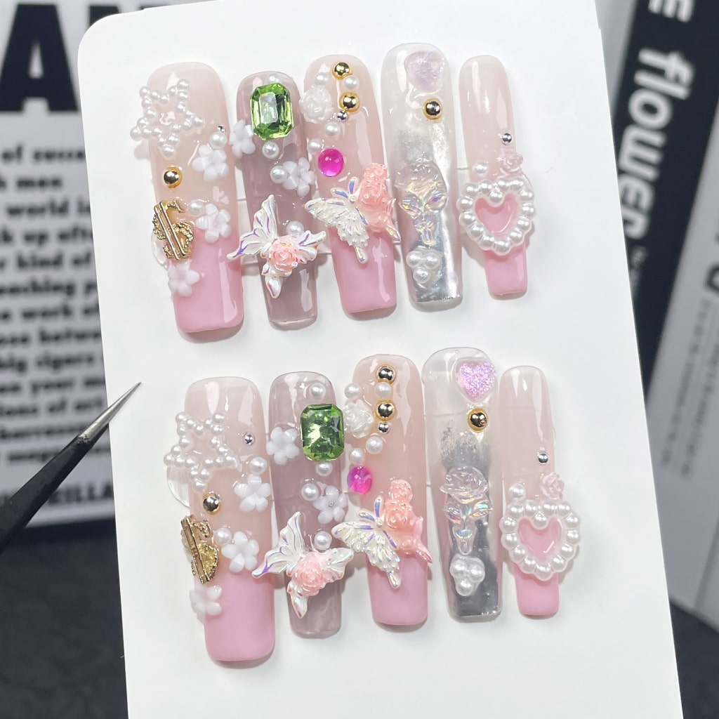 Pink Long Square nails with Flower & Star & Heart & Butterfly Charms,Gradient Design,RJ