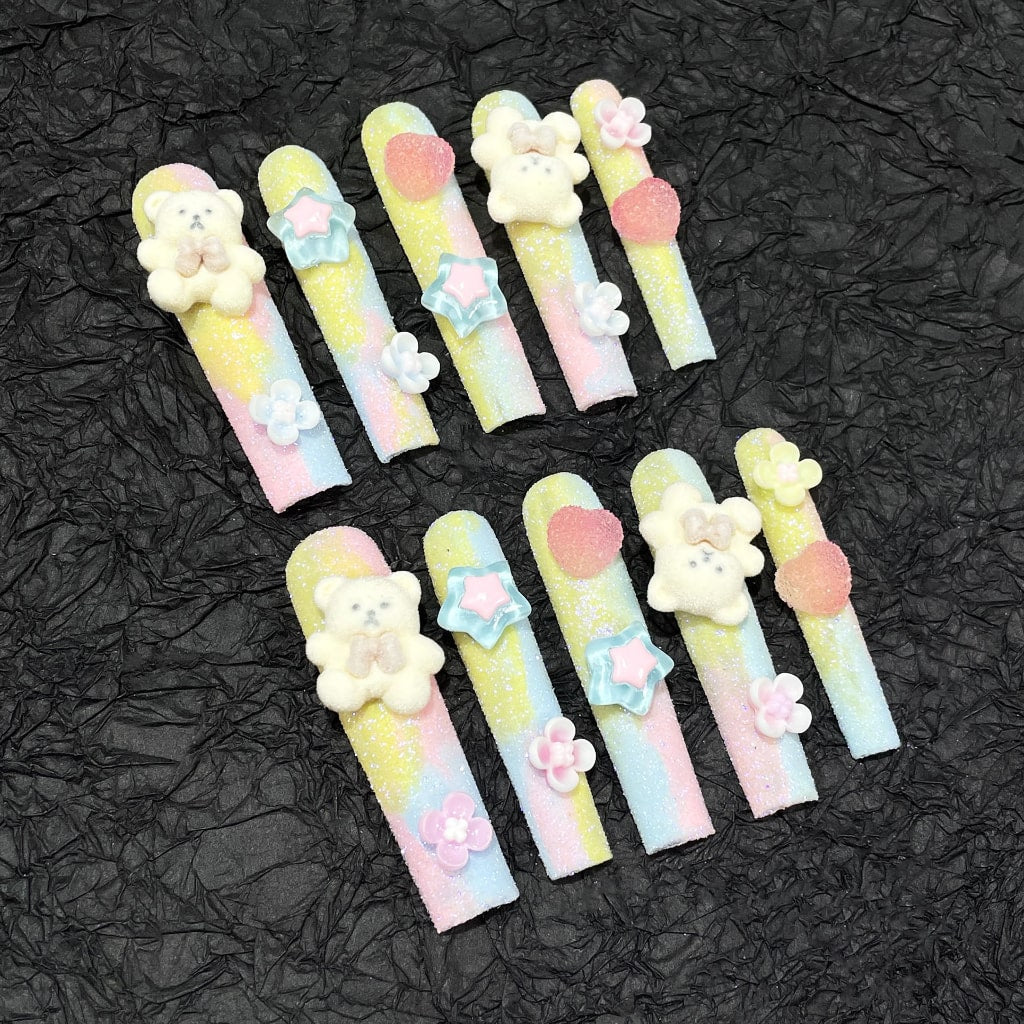 Cute Long Square nails with Bear & Star & Flower & Heart Charms,Gradient Design,RJ