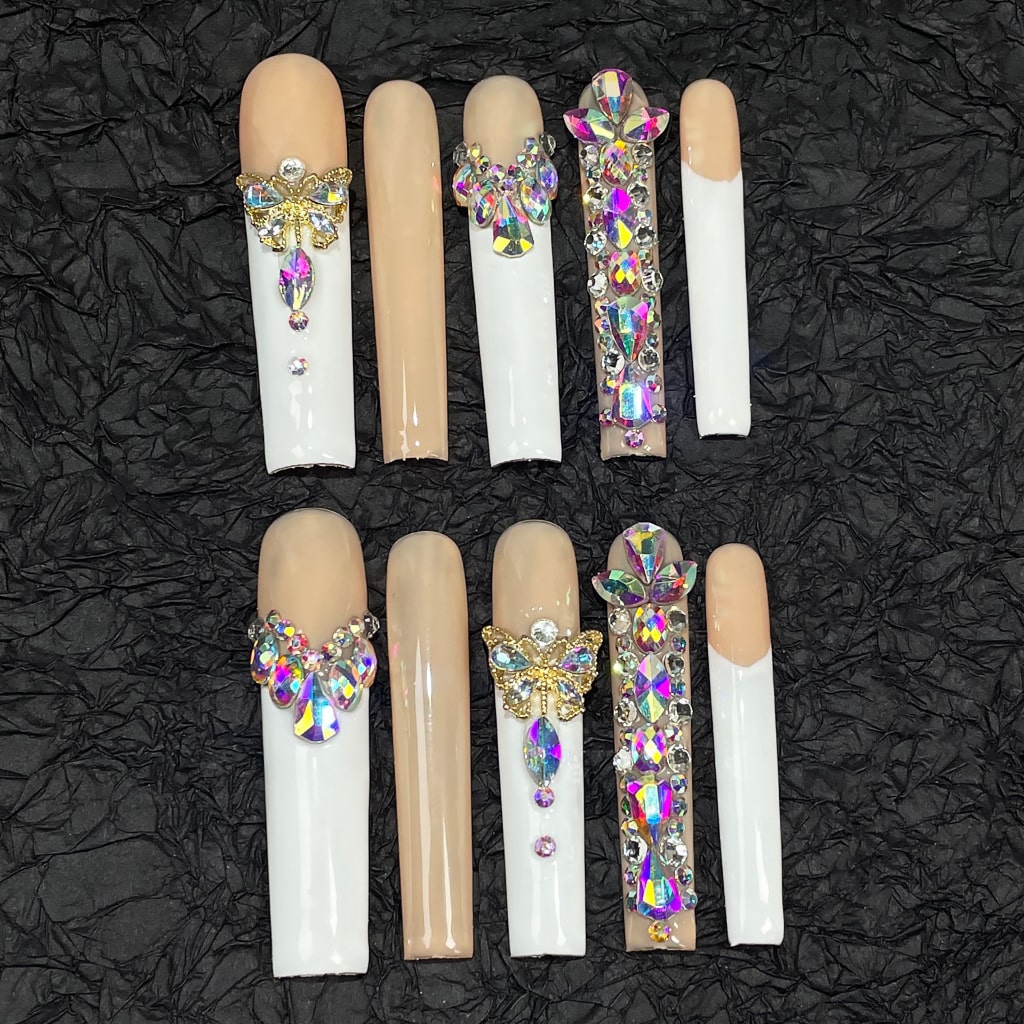 Long Square nails with French Design,AB Rhinestone,Butterfly Charms,RJ