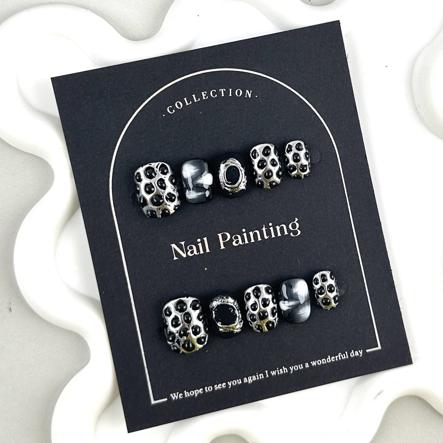Short Square nails with Black Glitter,Irregular Lines,Black-sliver Tones,CY