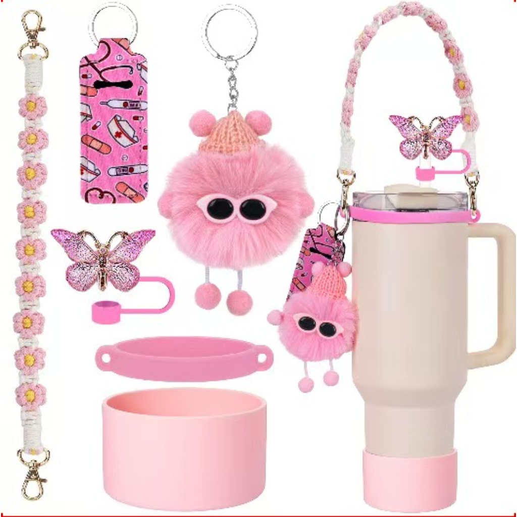 Stanley Cups Accessories With Fluffy Keychains & lid pockets,6pcs one set