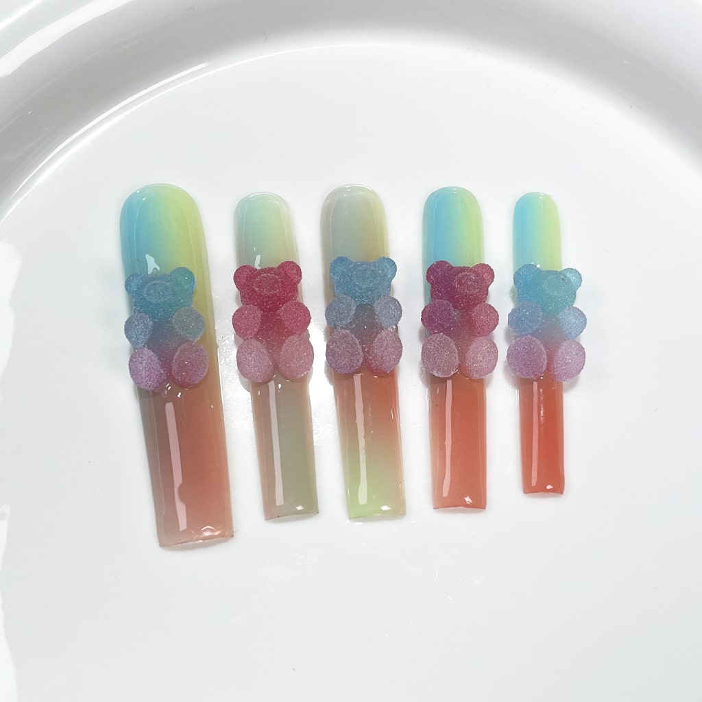 Long Square nails with Bear Charms,Gradient Design,RJ