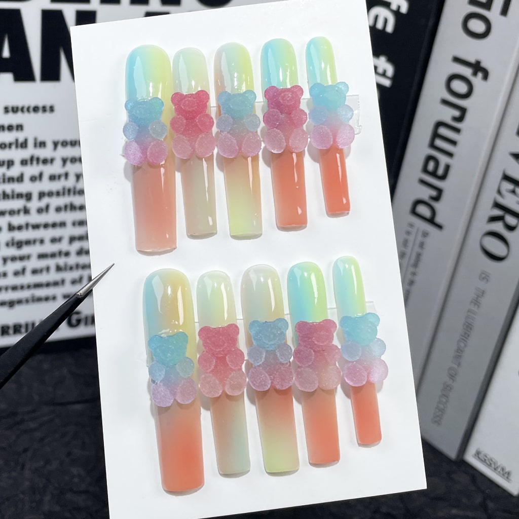 Long Square nails with Bear Charms,Gradient Design,RJ