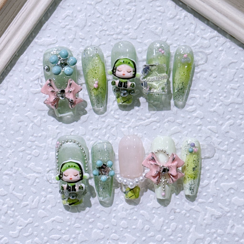 Cartoon SP nails with Pachinko & Pearl & Bow Charms,Rhinestone,Green Style ,NK