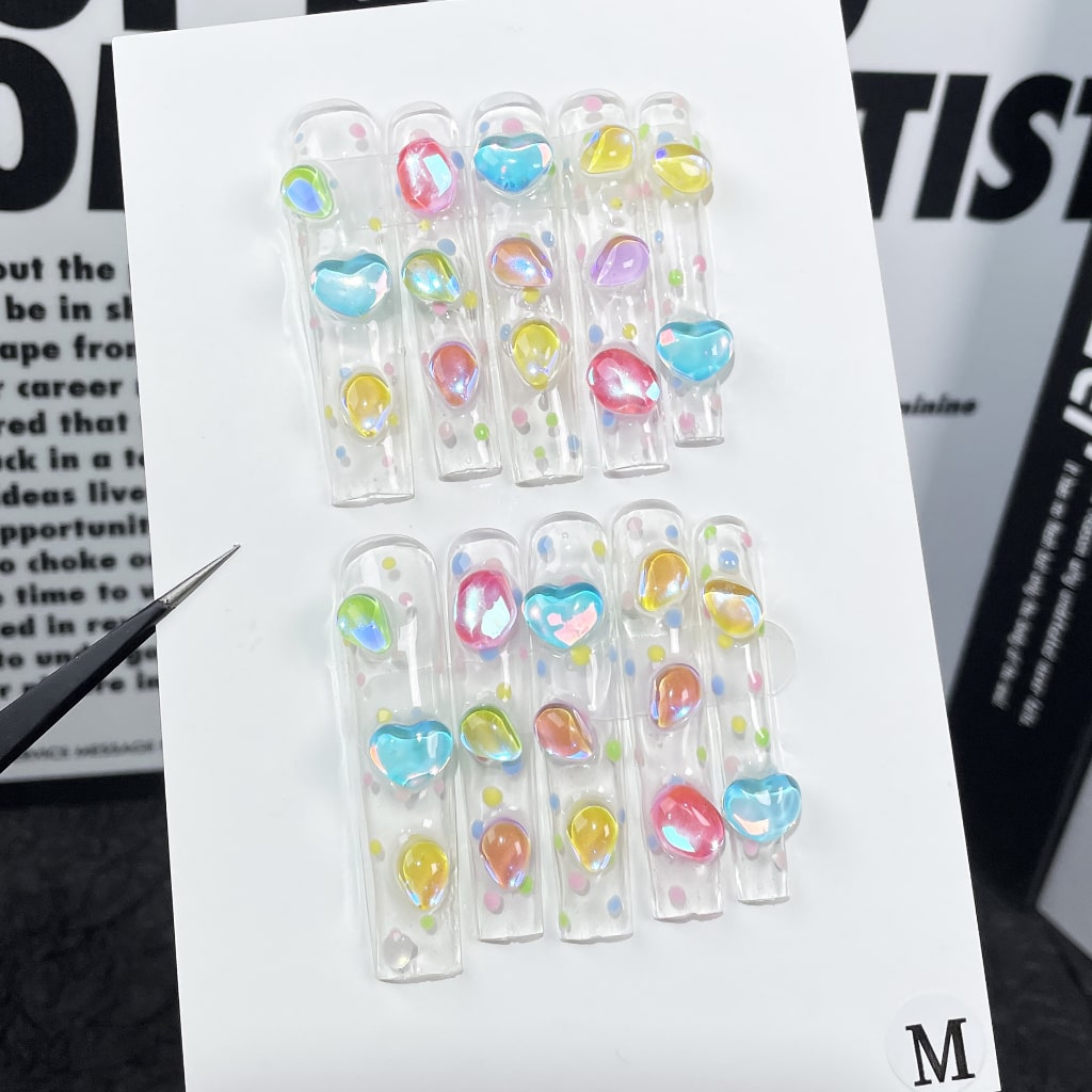 Clear Long Square nails with Colorful dots & Crystal,RJ