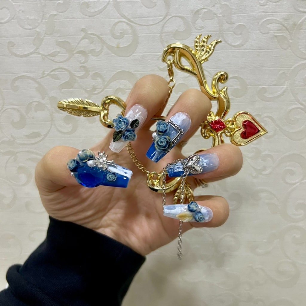 Gorgeous nails with Heart Rhinestone ,Blue Rhinestone,Blue Rose Flower,Crucifix & Cross,White Bow,and Long Chain ,NK