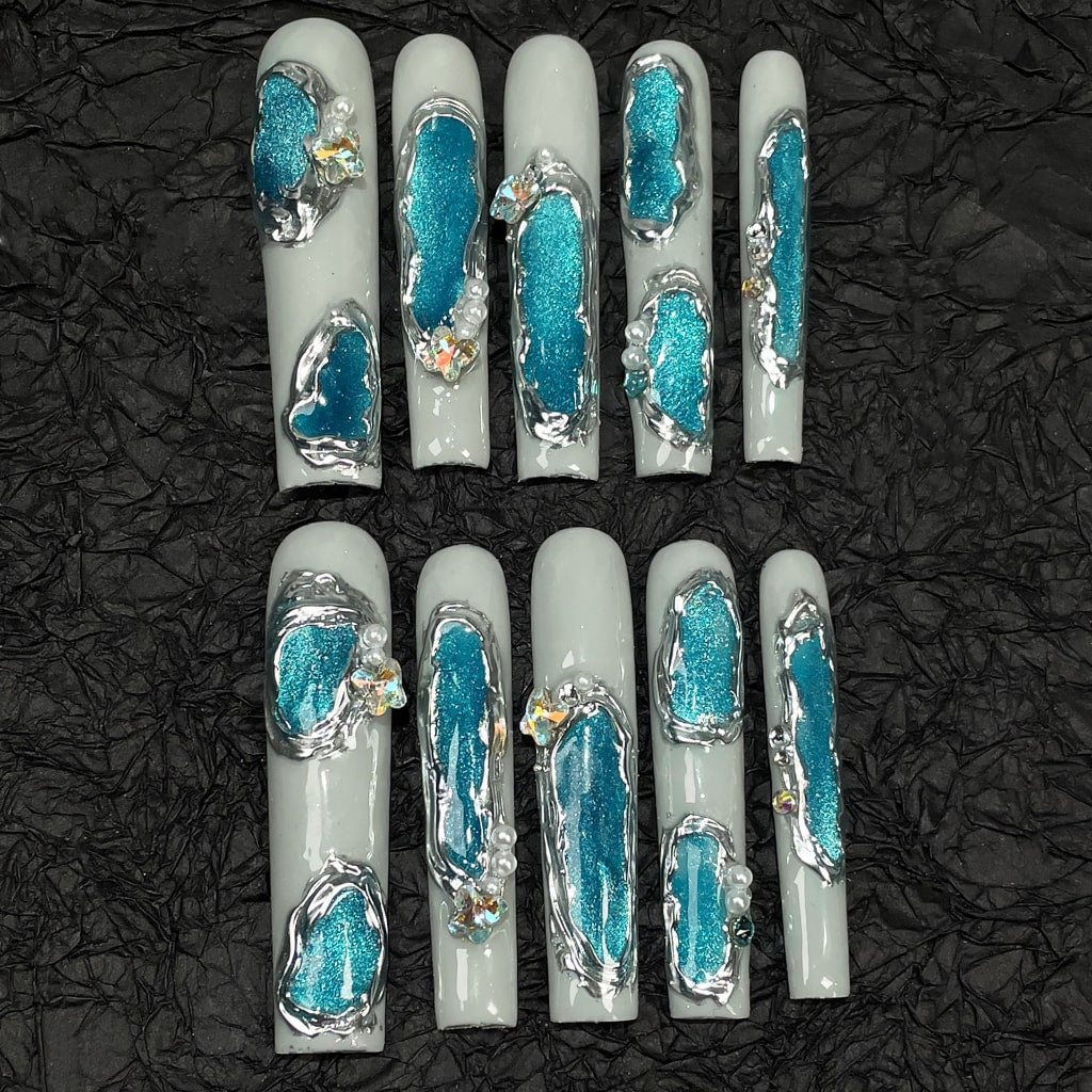 Long Square nails with Blue Cat Eye Design,Butterfly Rhinestone,Pearl,RJ