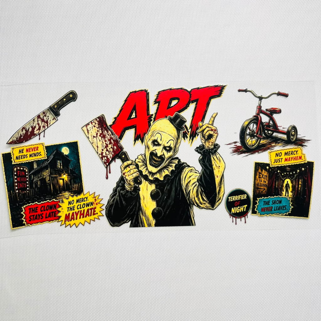 16oz UVDTF Cup Wraps,Halloween, Horroible, Spooky Vibes, Terrifier ,Art the Clown
