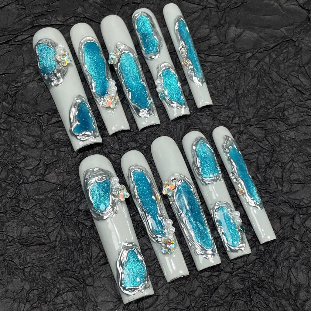 Long Square nails with Blue Cat Eye Design,Butterfly Rhinestone,Pearl,RJ