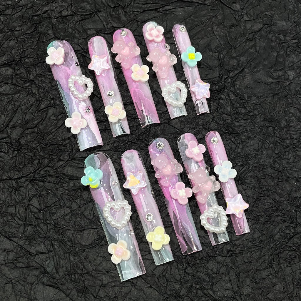 Pink Long Square nails with Gradient Design,3D Flower & Star & Bear & Heart Charms,RJ