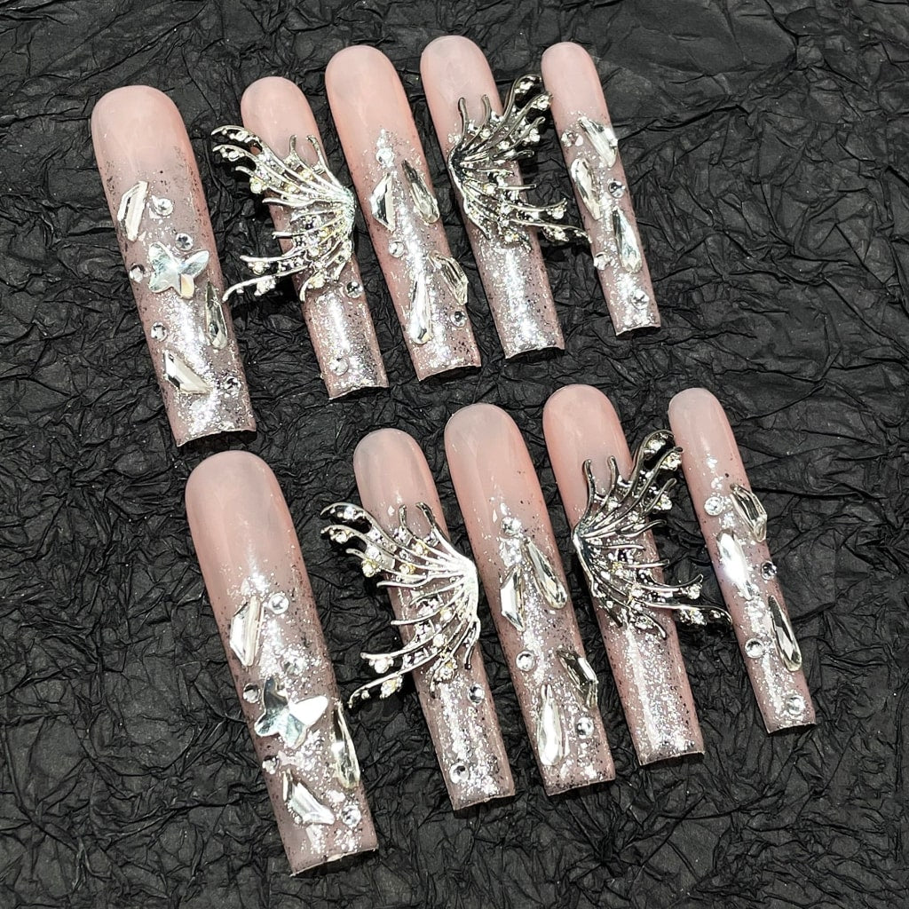 Long Square nails with Shiny Glitter,Rhinestone,Alloy Butterfly Charms,RJ