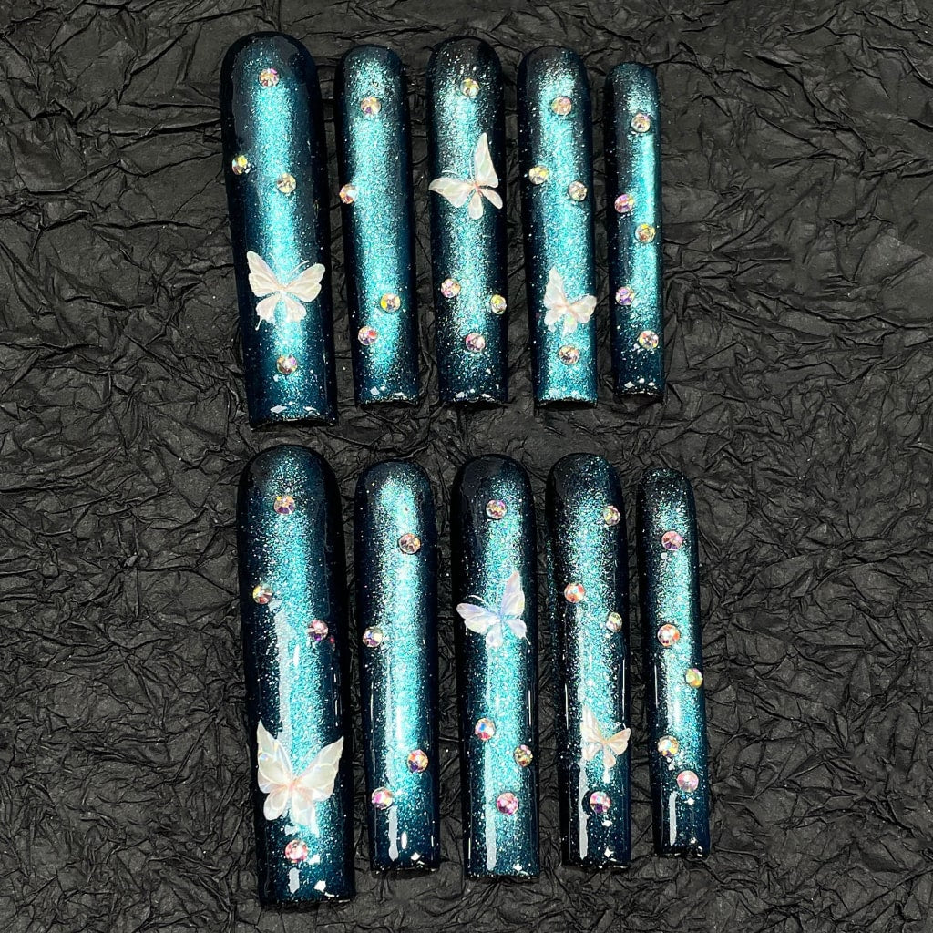 Green Long Square nails with Cat Eye Design,Rhinestone,Butterfly Style,RJ