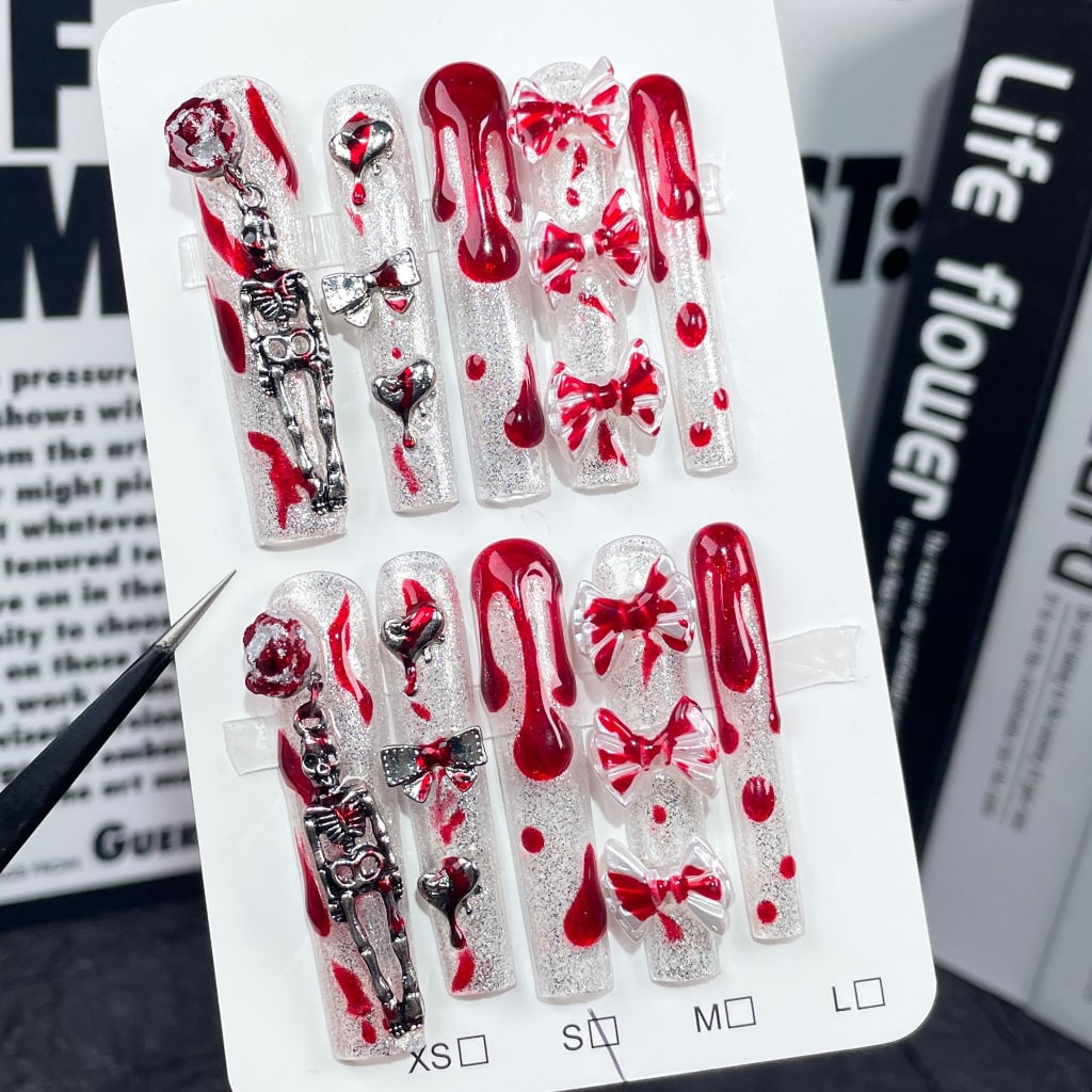 Clear Bloody Long Square nails with Skeleton & Atomy & Heart & Bow Charms,Gothic Style,RJ