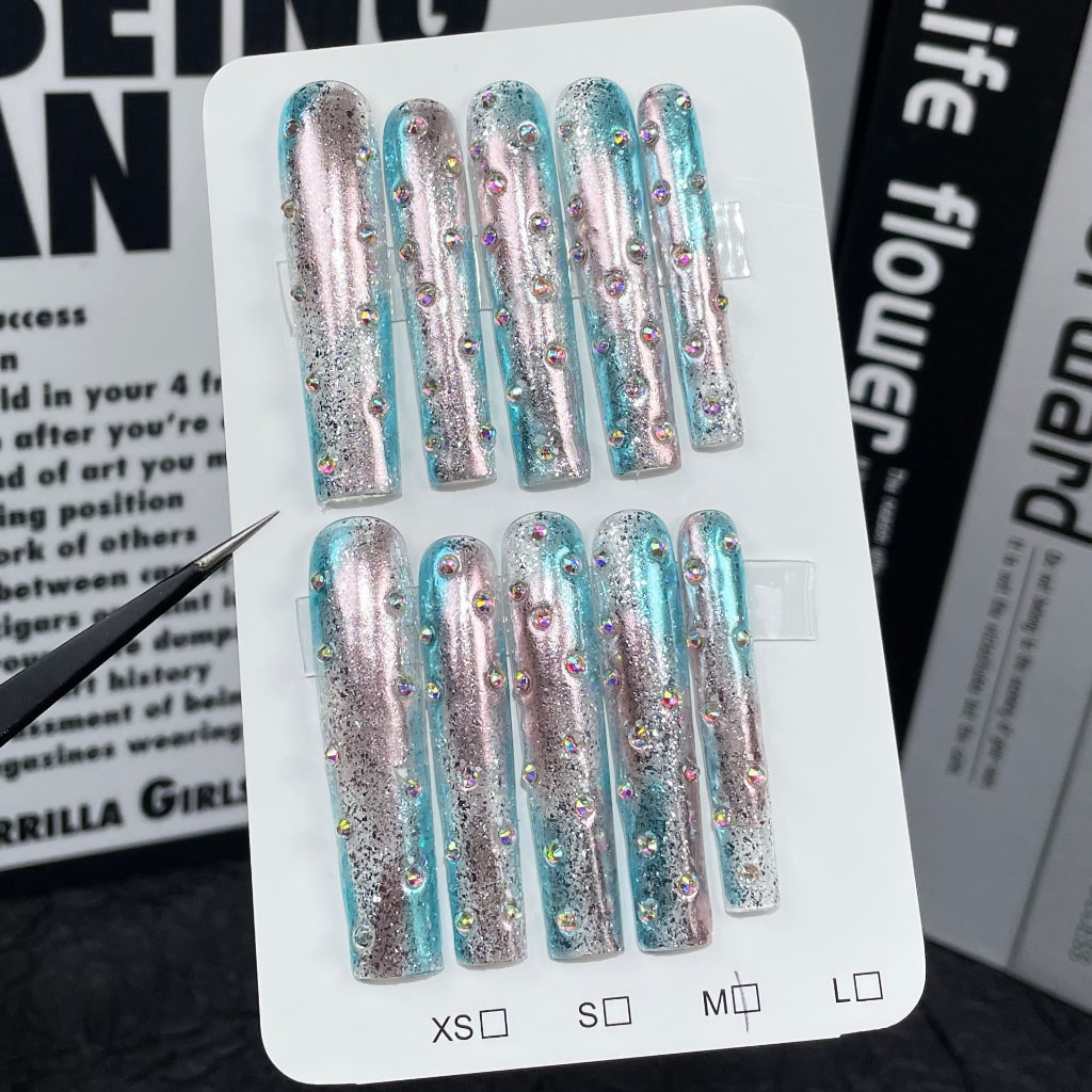 Long Square nails with Pink-blue Gradient Design,AB Rhinestone,RJ