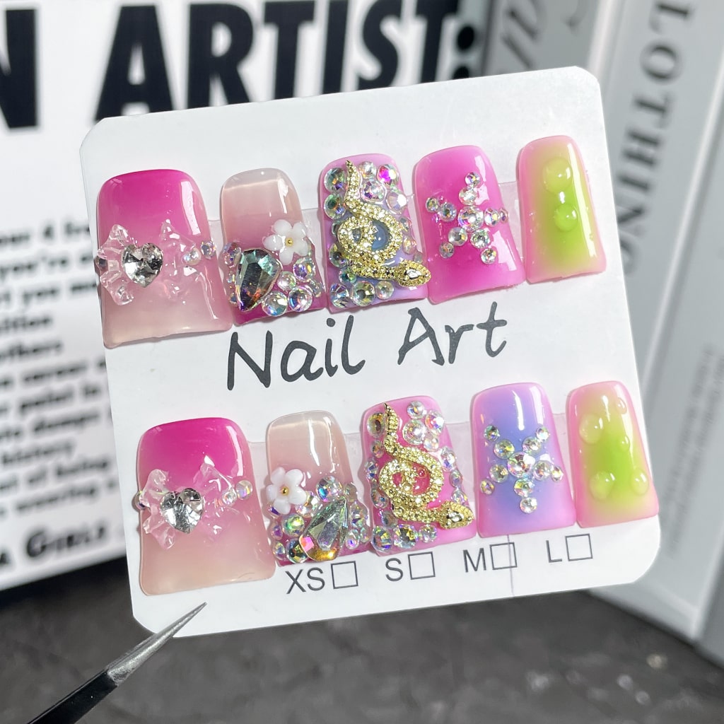 Duck nails with Rhinestone,Snake & Flower & Bow & Star Charms,French Style,RJ