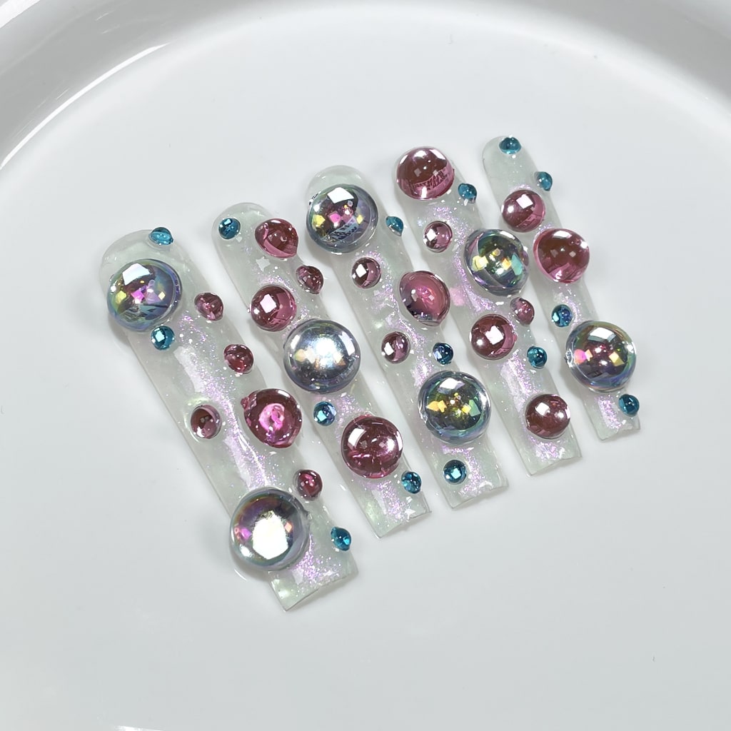 Pearl Color Long Square nails with Colorful Rhinestone,RJ