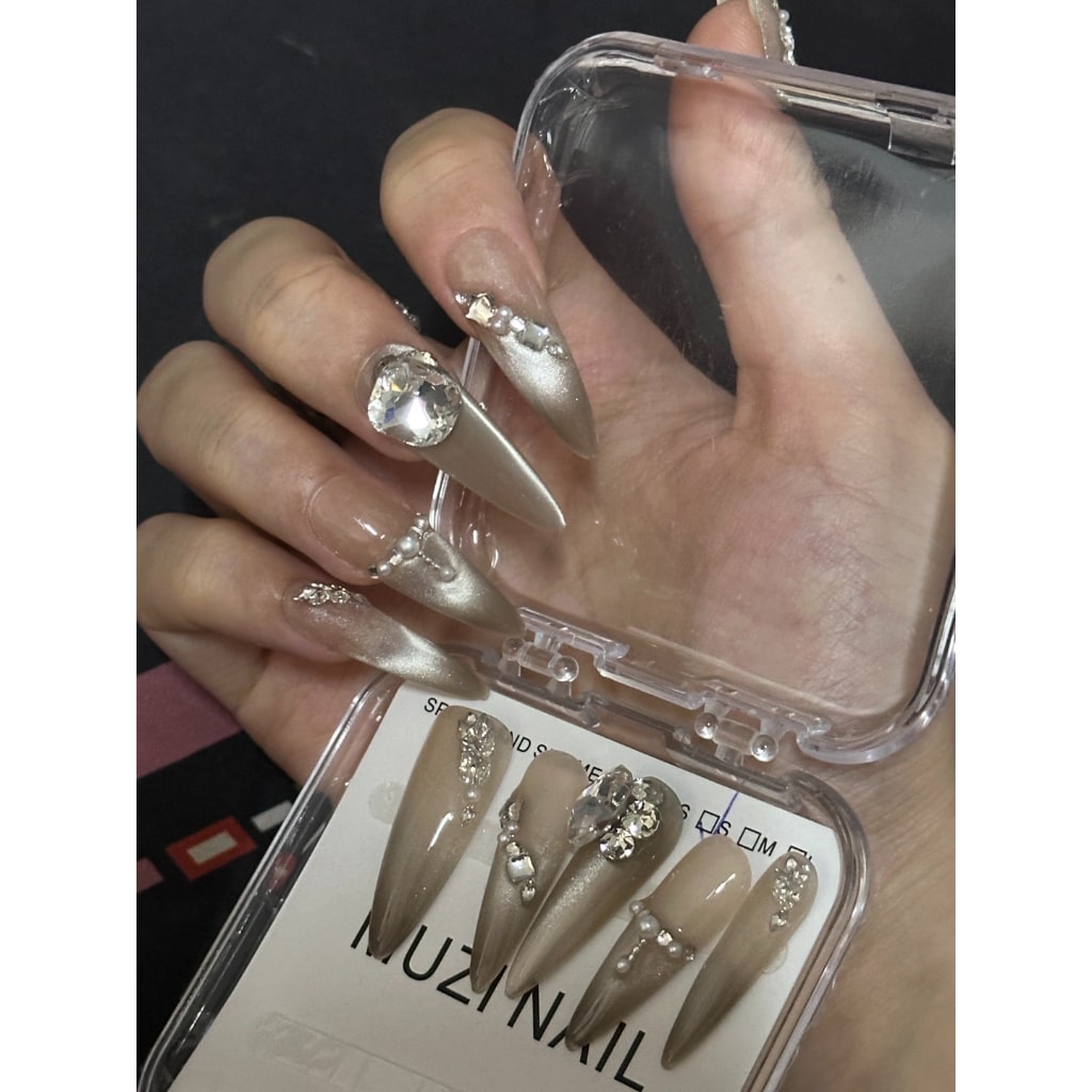 Gray cat eye nails with Rhinestone & Pearl & Crystal ,YZG