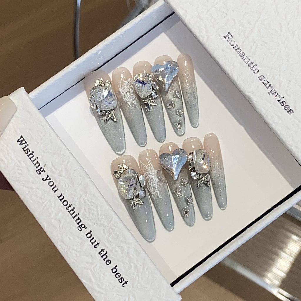 Cat eye Long-Thin nails with Heart &Little Rhinestone,Butterfly & Gradient Design,Butterfly Charms ,YZG