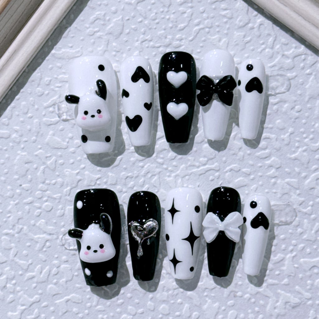 Black-white nails with Heart Design,Pochacco & Heart & Bow Charms ,NK