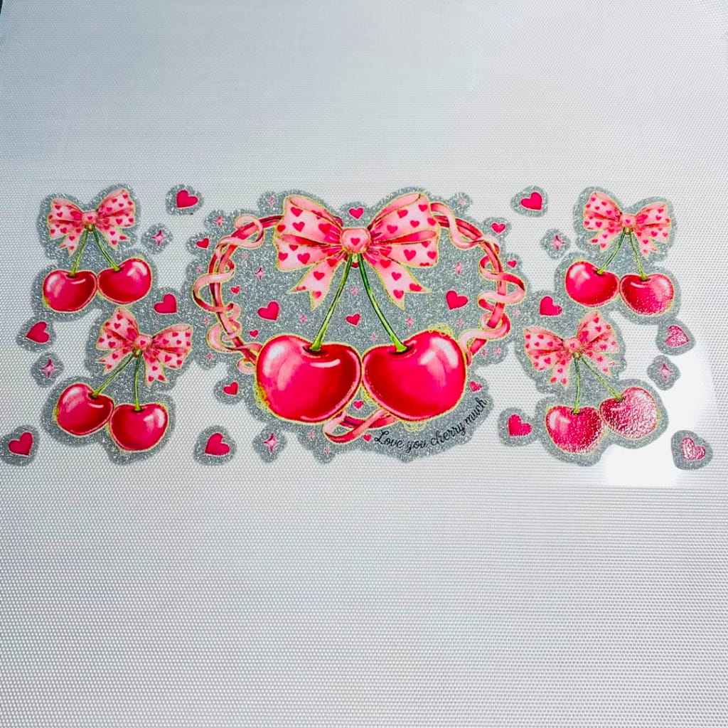 16oz UVDTF Shiny Glitter Cup Wraps, Water Proof ,Fruit , Cherry with Bow & Bowknot