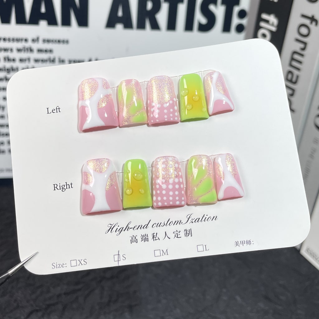 Pink & White & Green Duck nails with Spring & French Style,RJ