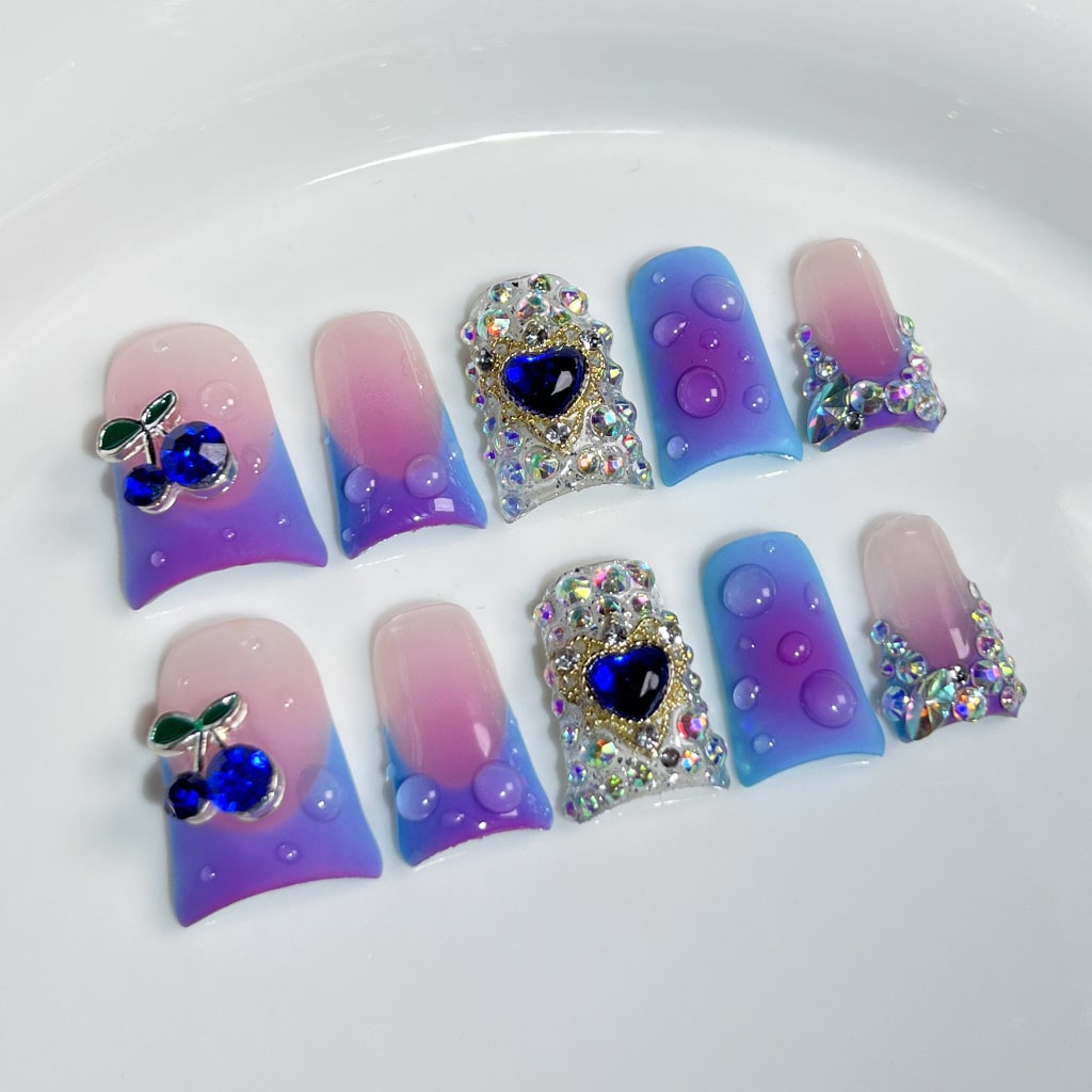 Pink & Purple Duck nails with Rhinestone,Cherry & Heart Charms French & Gradient Style,RJ