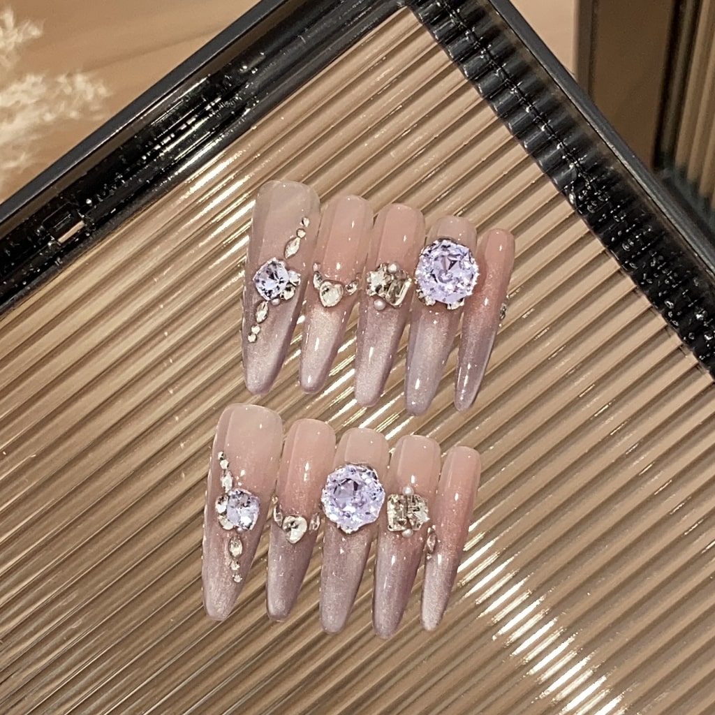 Pink Long-Thin nails with Heart & Star Rhinestone,Glitter,Cat Eye Design ,YZG
