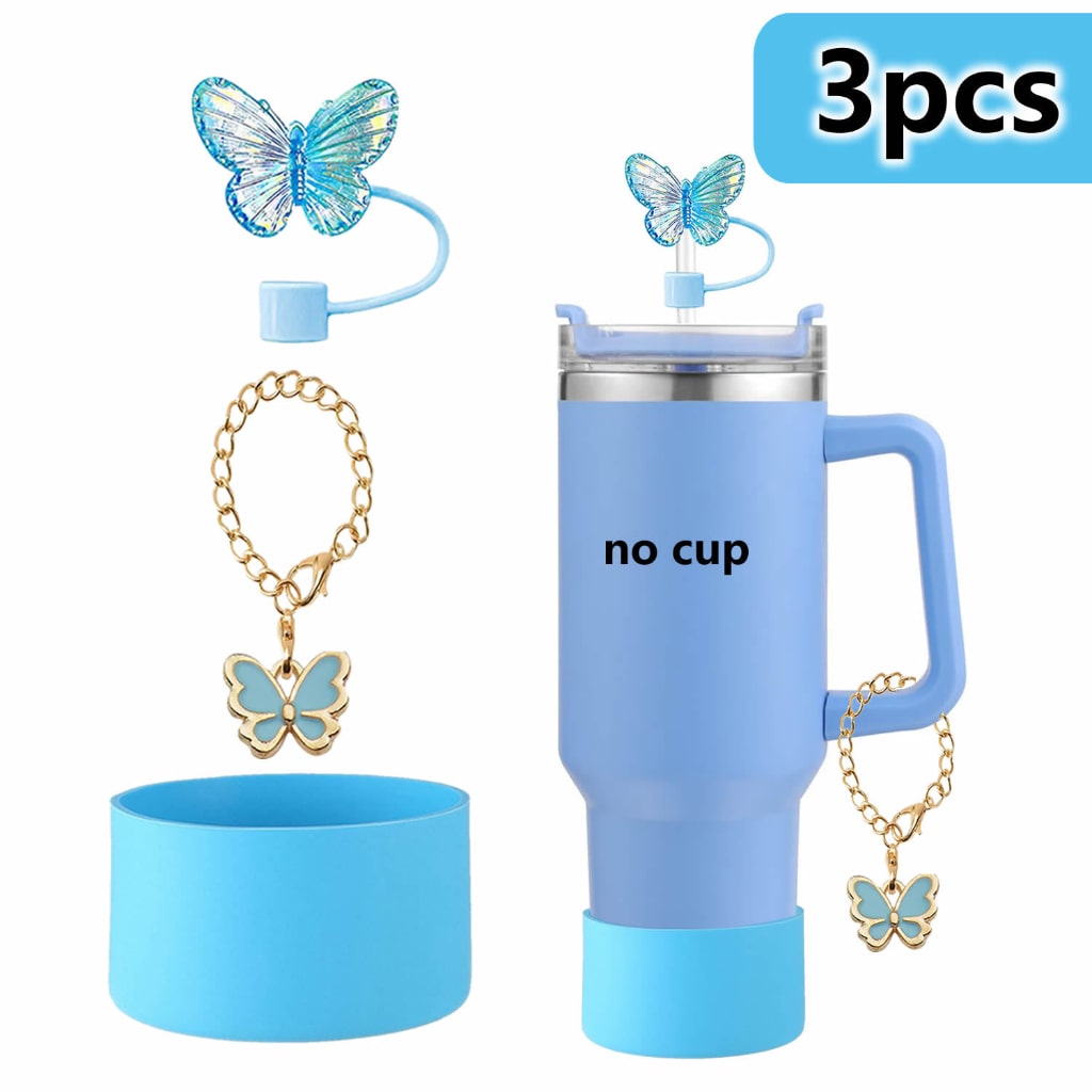 Stanley Cups Accessories With Straw Toppers & Butterfly Chains & Silicone cup holder,3pcs one set
